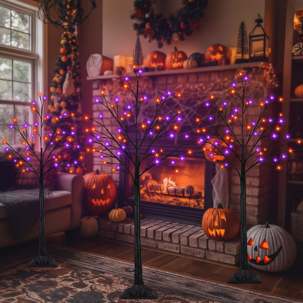 Set of 3, 4ft 5ft 6ft Lighted Black Halloween Tree with Orange Purple Light