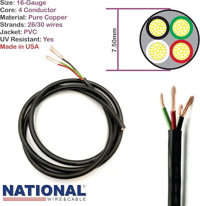NATIONAL Wire & Cable – 16 AWG 4-Conductor Premium Copper Wire, 25 ft, Stranded