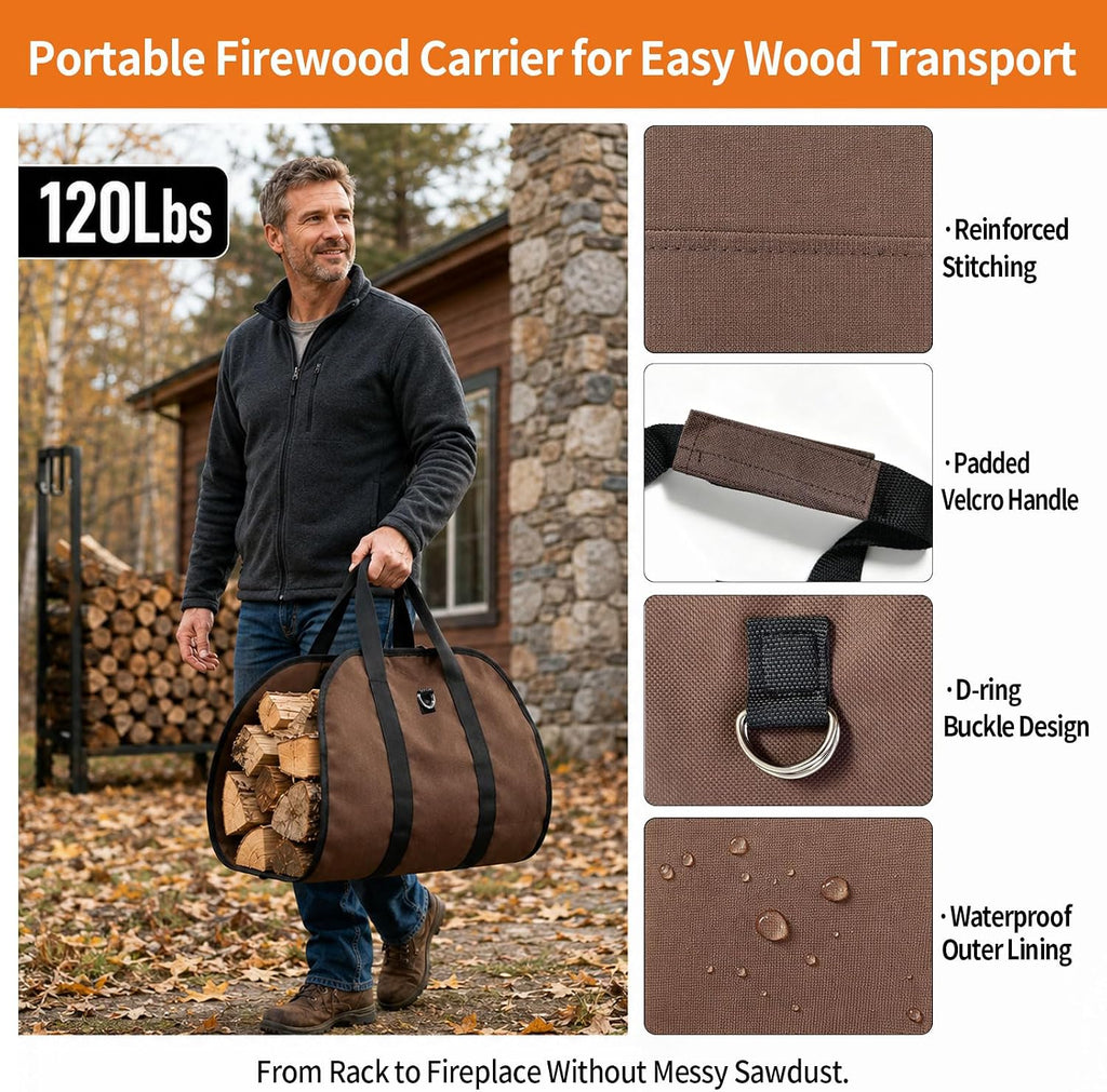 Firewood Rack Indoor Outdoor with Log Carrier, 2-Tier Heavy Duty Firewood Log Rack Holder with 4 PCS Fireplace Tools Hooks, Stable Log Holder Rustproof Metal Wood Rack for Fireplace Patio Deck