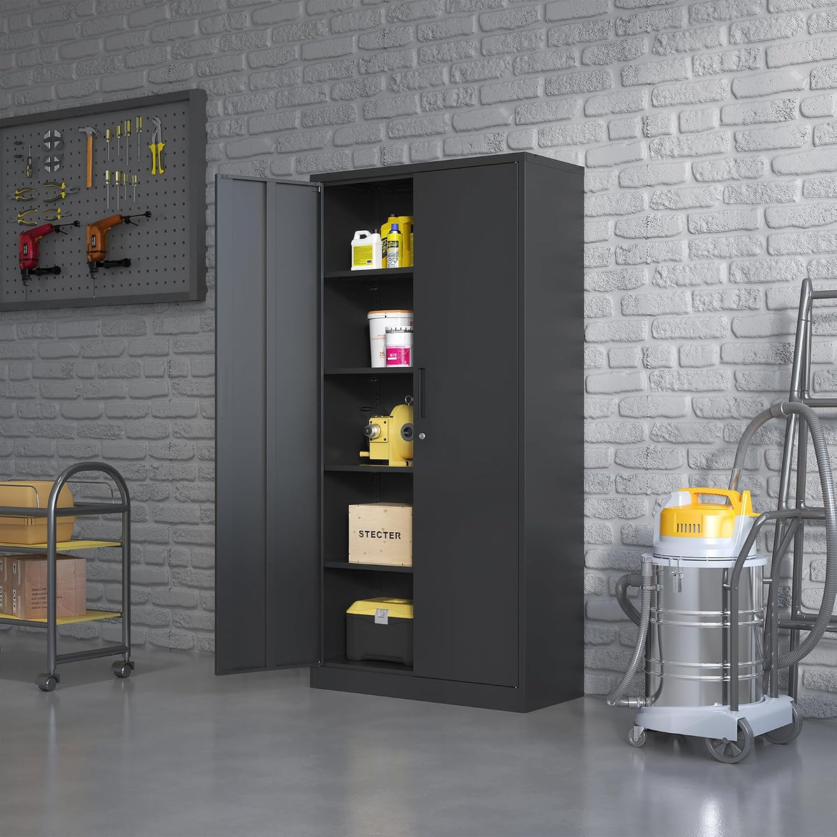 metal storage cabinet for garage, tool cabinet, utility shown in use