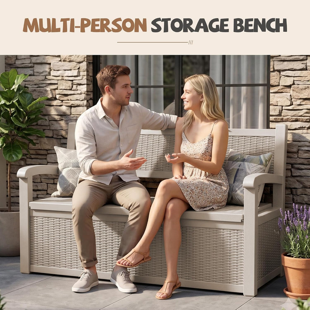 efu outdoor bench storage deck box,120 gallon waterproof shown in use