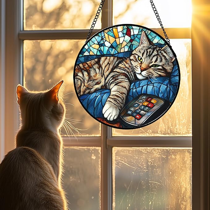 DASTOLL Stained Glass Window Hanging Gray Cat and Remote Control Large 11.8"
