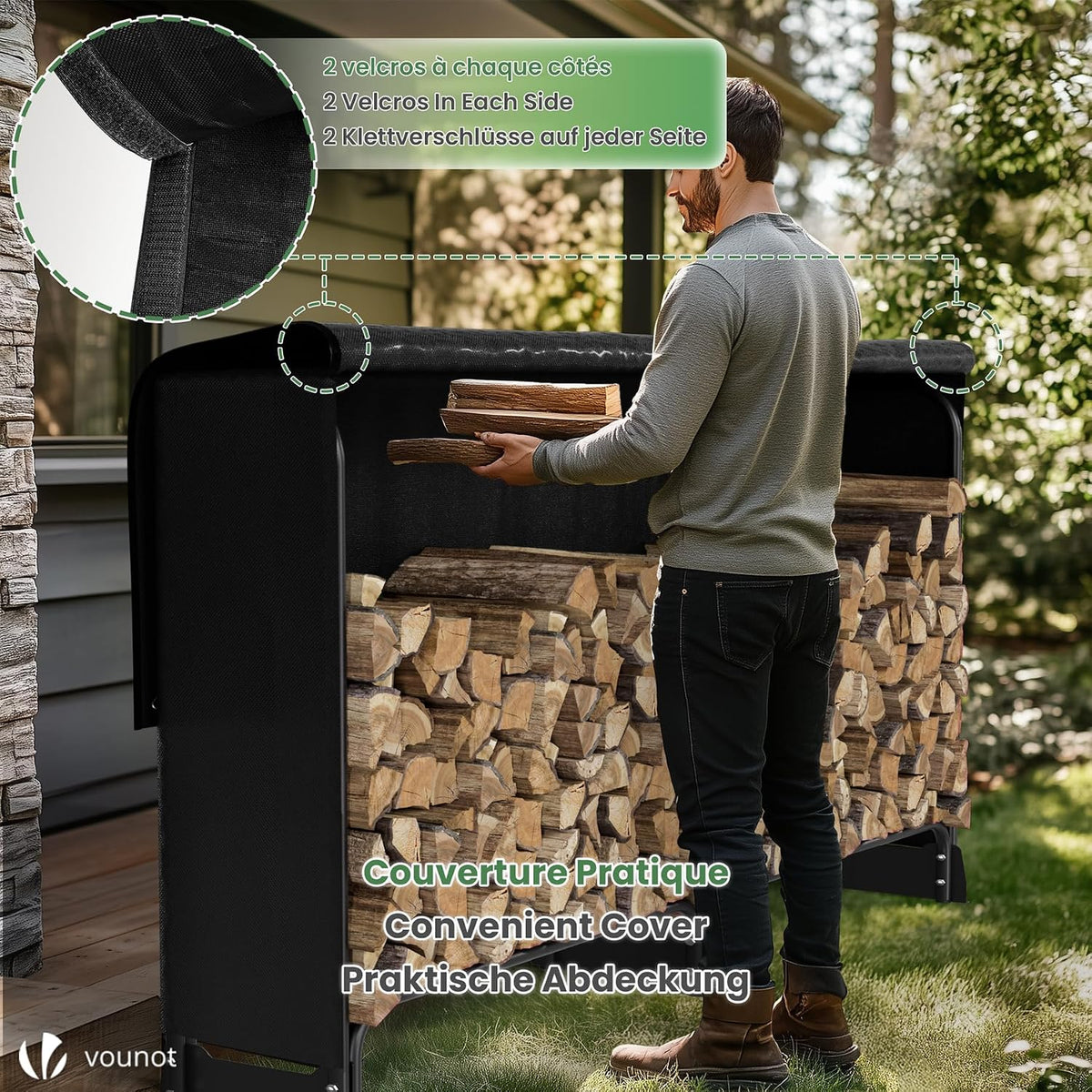 vounot® firewood log rack with waterproof cover, metal, side view
