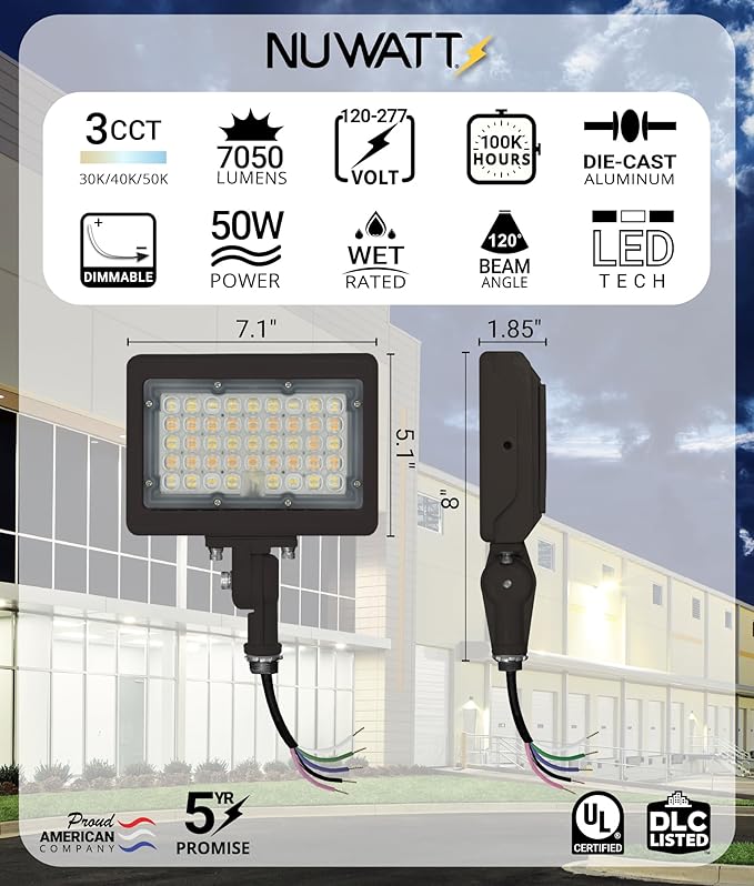 NUWATT 50W LED Flood Light, 3CCT 3000K/4000K/5000K Selectable, IP65 Waterproof