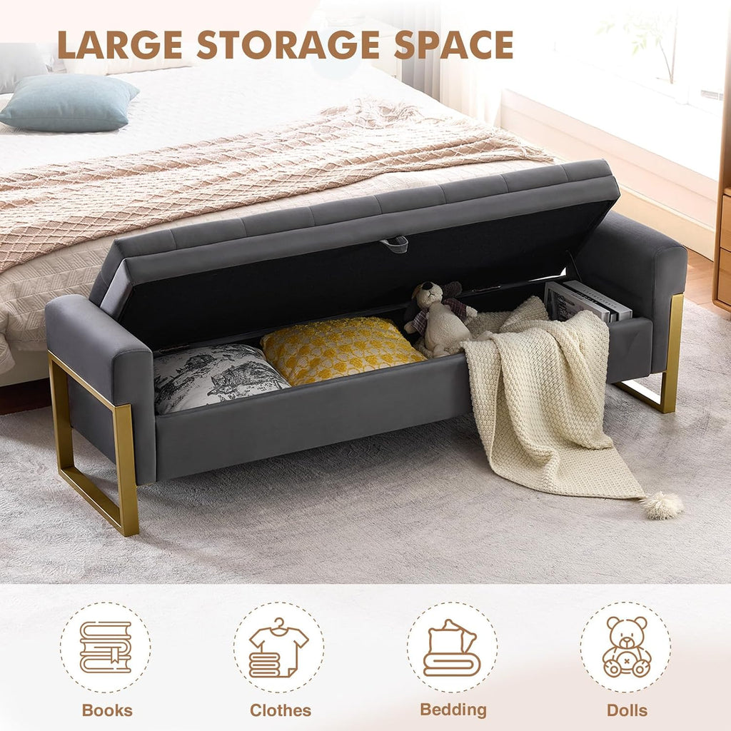 67" Storage Bench for Bedroom, King Size End of Bed Bench, Upholstered Storage Ottoman Bench with Golden Metal Legs, Bedroom Bench for Entryway, Dark Grey