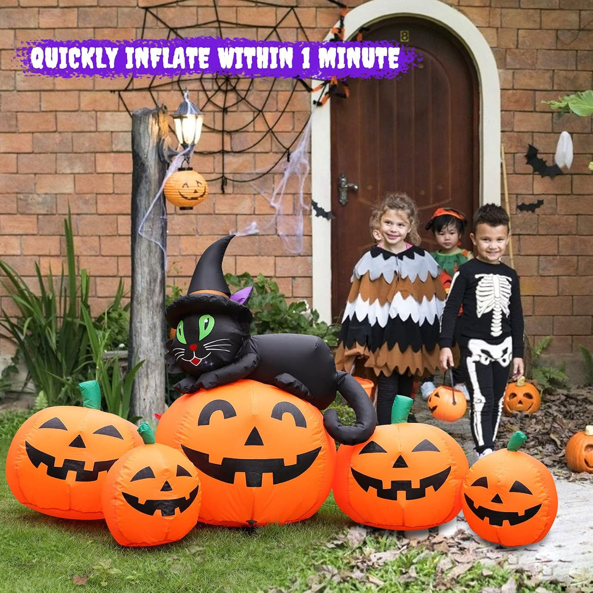 5FT Halloween Inflatable Pumpkin Outdoor Decoration, Lighted Blow Up Yard Decor, 5PCS Pumpkins with Witch’s Black Cat Built-in LED Lights for Balcony Home Holiday Party Lawn Patio Outside Events Prop