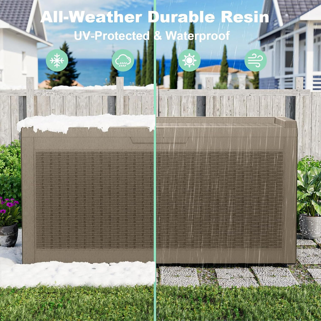 70 gallon outdoor deck box, resin waterproof storage, side view