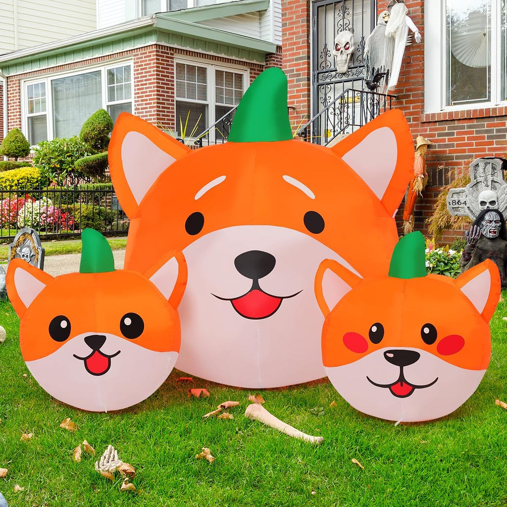 GOOSH 5 FT Long Halloween Inflatables Pumpkin Dog Outdoor Decorations Blow Up Yard Dog Head Combo Decoration with Built-in LEDs for Indoor Party Garden Lawn Holiday Decor