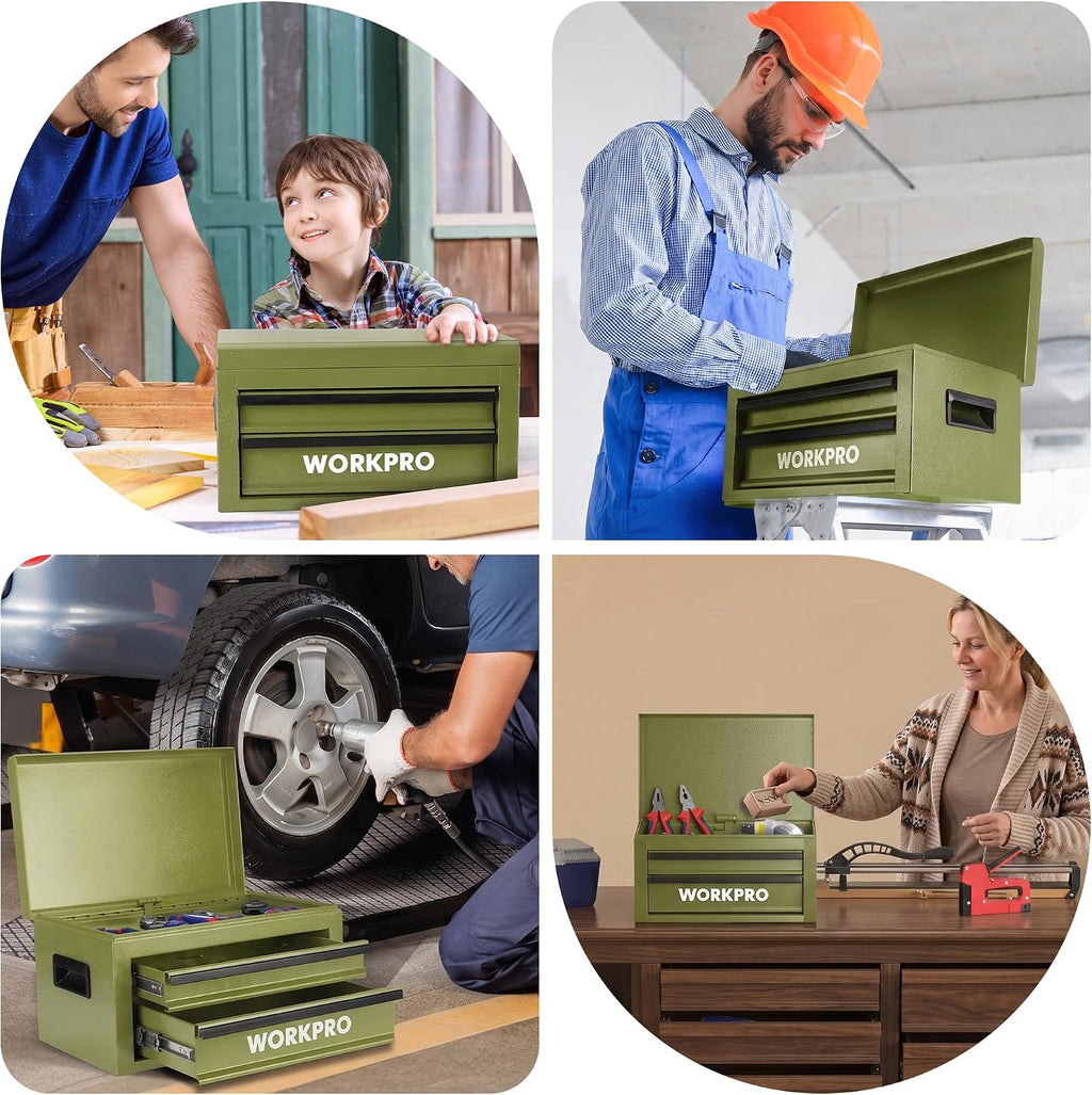 workpro 15-inch metal tool box with 2 drawers on a desk or shelf