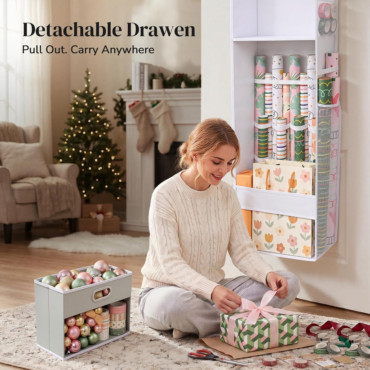 Ordovibe Wrapping Paper Storage Organizer, Over The Door Gift Wrap Holder with Removable Drawer & Side Mesh Pockets – Space Saving Closet Organizer for Christmas, Halloween, Birthday Rolls Supplies White
