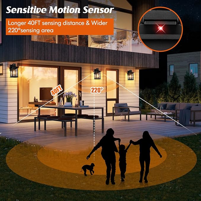 Motion Sensor Outdoor Wall Light Black, Dusk to Dawn Outside Porch Light