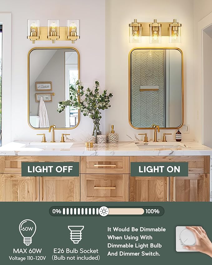 METWET Bathroom Light Fixtures Over Mirror, 3-Light Brushed Gold Vanity Light