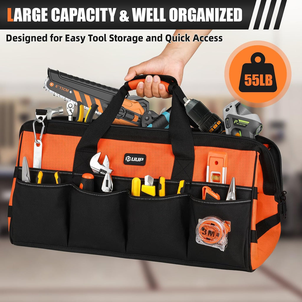 UUP Tool Bag ExtraLarge 20", Heavy Duty Spacious Tool Box Organizer, Orange | 16 Pockets & MOLLE. Detachable Strap & Handle. Non-slip Base, Metal Buckle. 30lb Holds Tools on Truck, Garage, Men Gift.