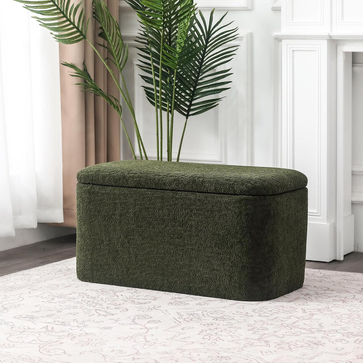 Rectangle Storage Ottoman Bench, 31.8" L x 16.1" W x 16.3" H, Modern Fabric, Green