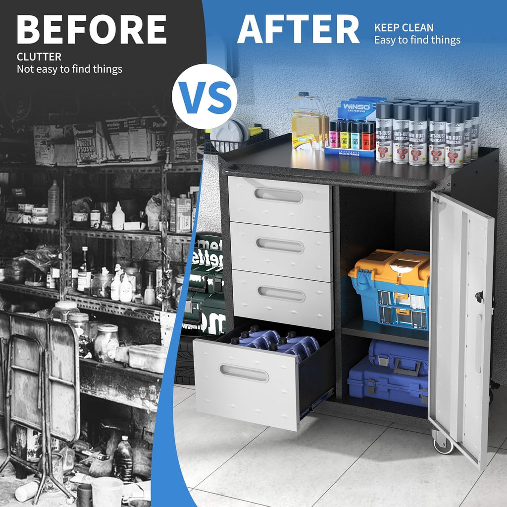 metal storage cabinet for garage, tool cabinet, utility showing dimensions