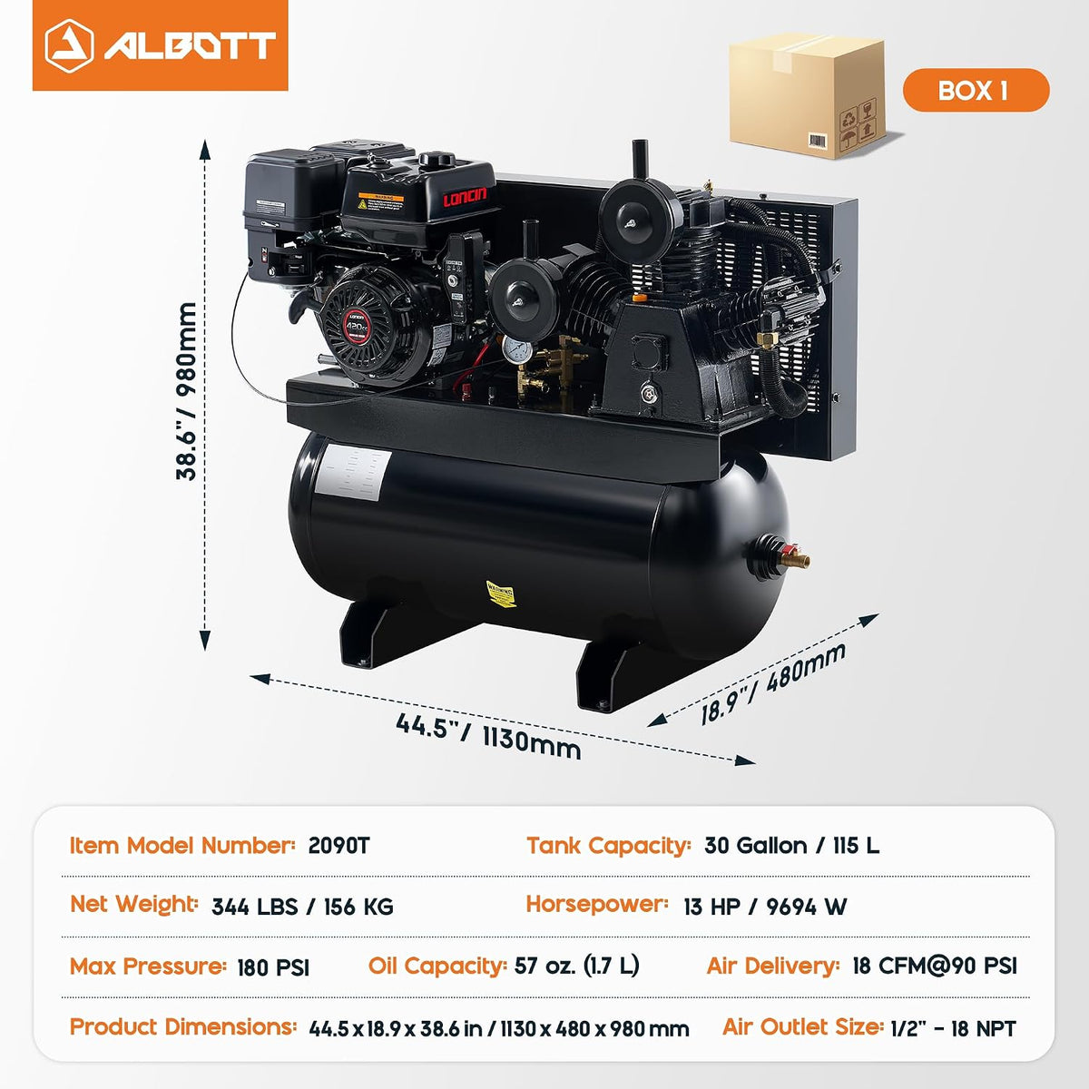 Albott 13HP Gas Air Compressor 30 Gallon Portable Horizontal Tank