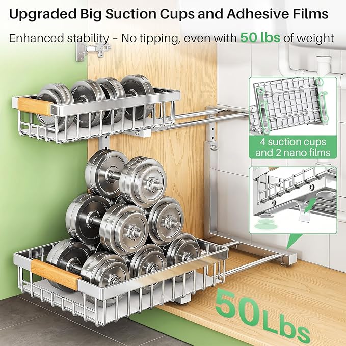 Under Sink Organizer, Stainless Steel 2 Packs 2 Tier Under Sink Organizers and