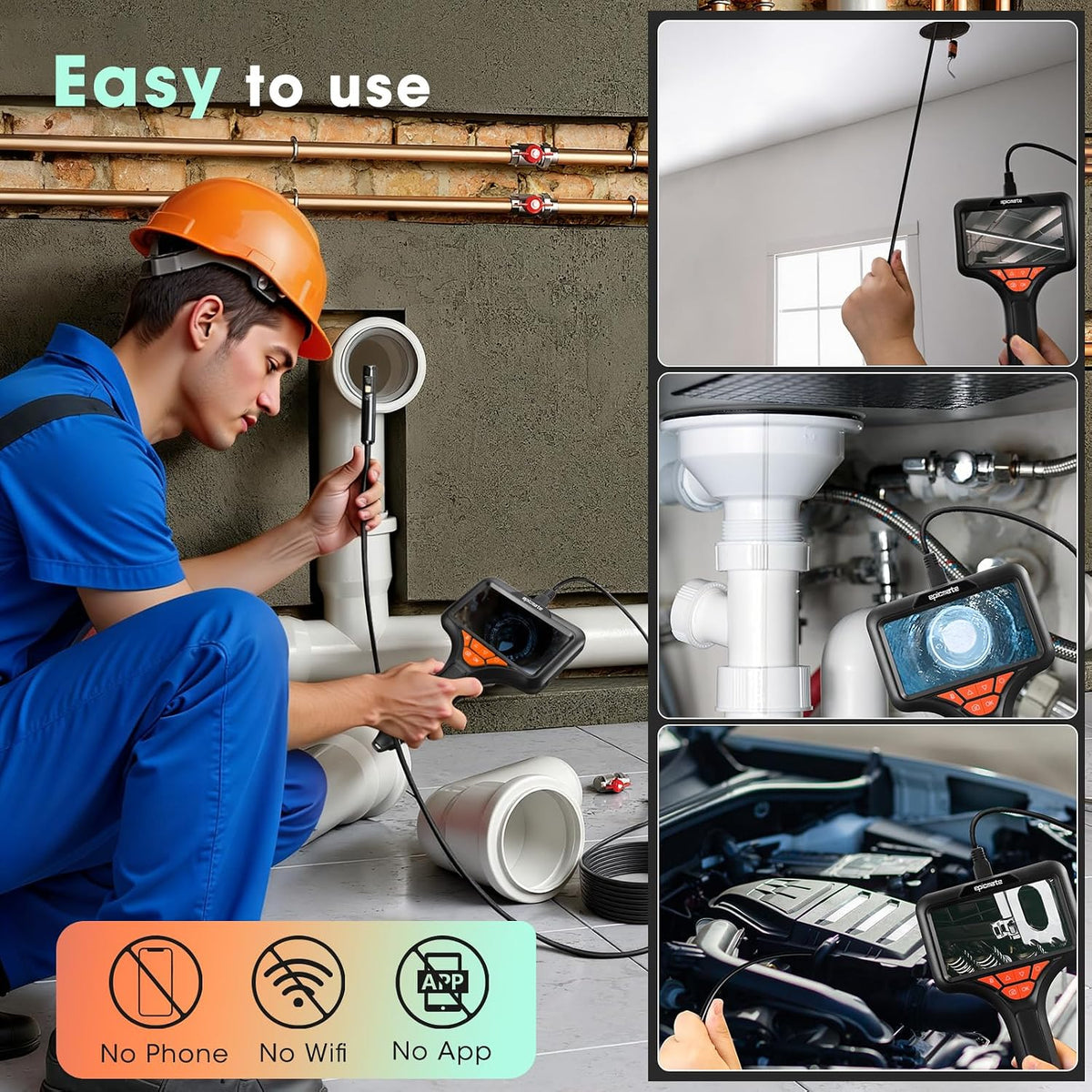 50ft triple lens endoscope camera,5" sewer drain pipe, front angle view