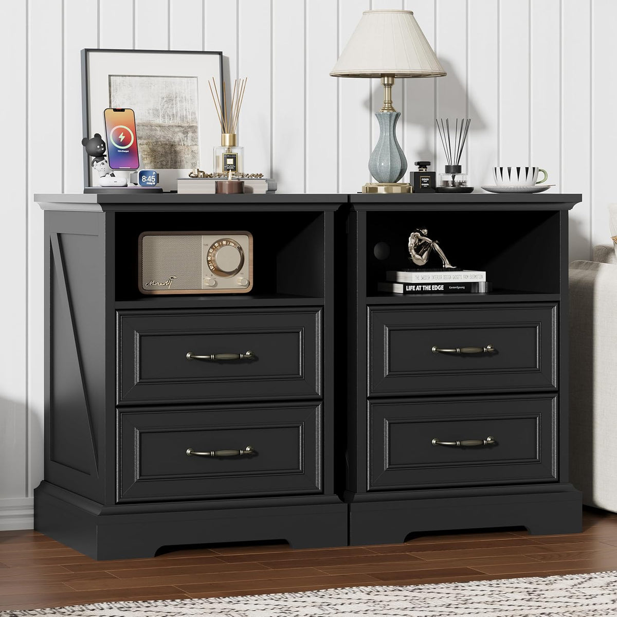 Nightstand with Charging Station Set of 2, Farmhouse Wood Small Dresser