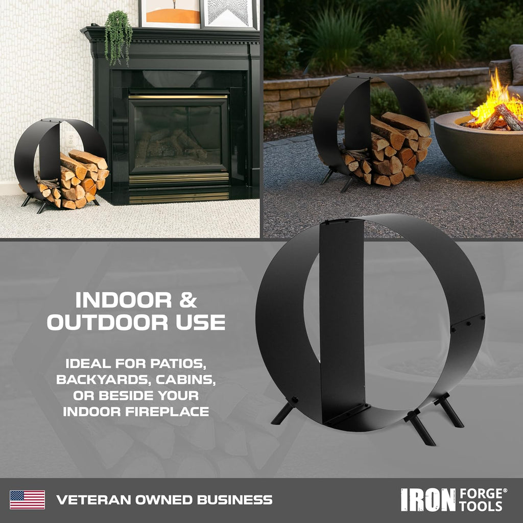 iron forge tools firewood rack, 30 inch circular, side view