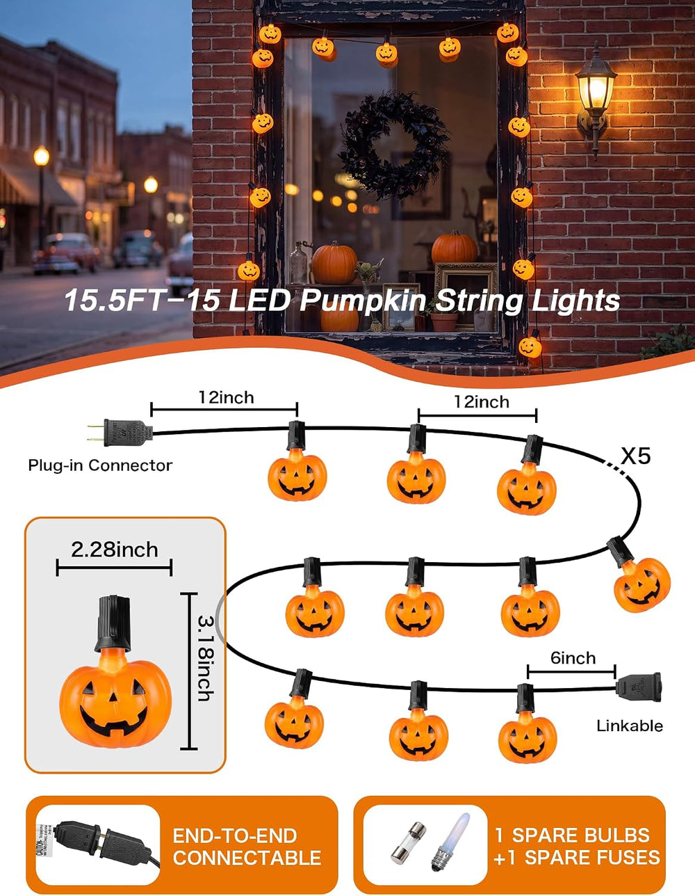 15.5FT Halloween Pumpkin String Lights, 15 LED Jack O Lantern Lights