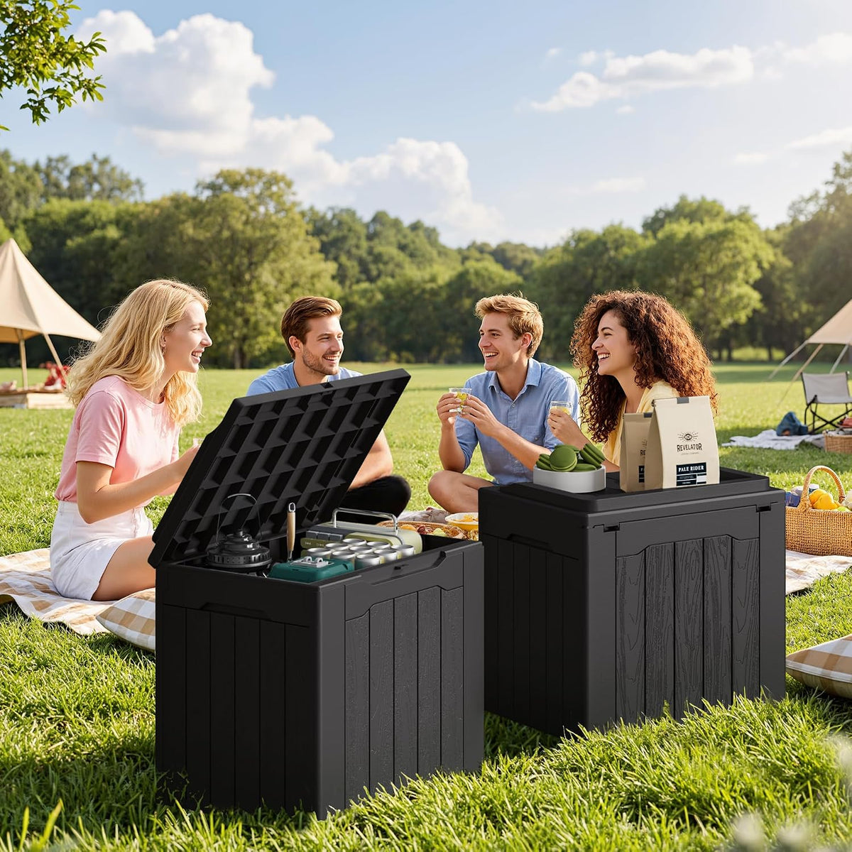 jummico 31 gallon resin deck box waterproof outdoor showing dimensions