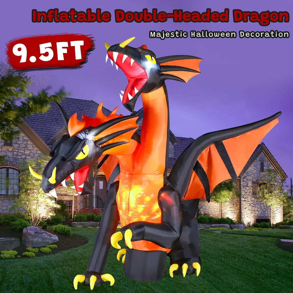FunFanso 9.5 FT Giant Halloween Inflatable Double Headed Dragon, Blow up Festival Yard Outdoor Decorations with Built-in Bright LED Lights for Garden Lawn Garden Patio Holiday Party Decor