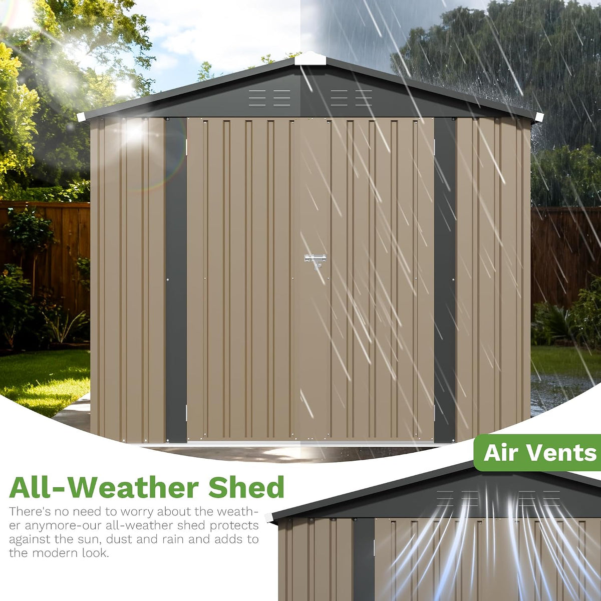 patiowell 8x8 ft storage shed, outdoor metal sheds showing dimensions