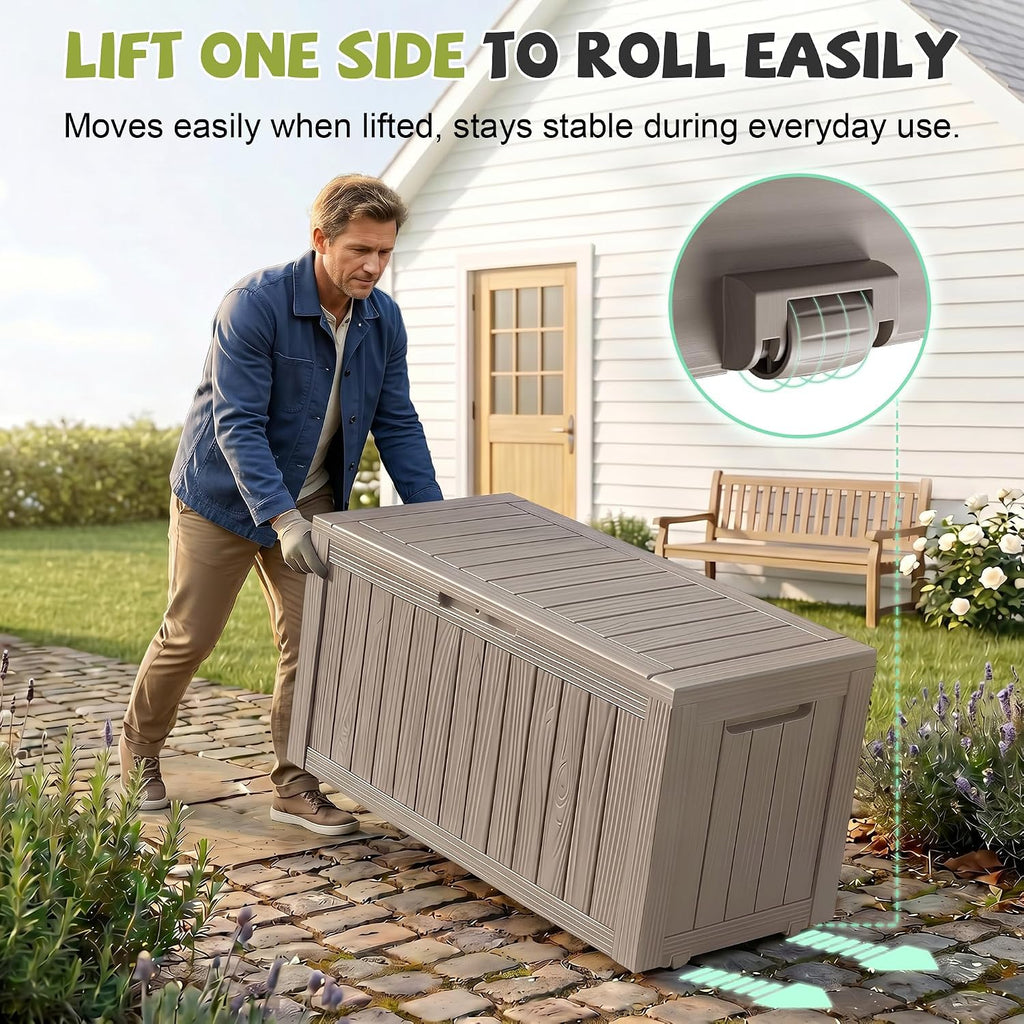 outdoor waterproof resin storage deck box lockable outside shown in use