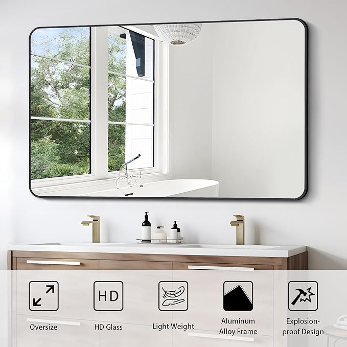 FORBATH Large Bathroom Mirror 36 x 55 Inches，Black Large Wall Mirror Aluminum