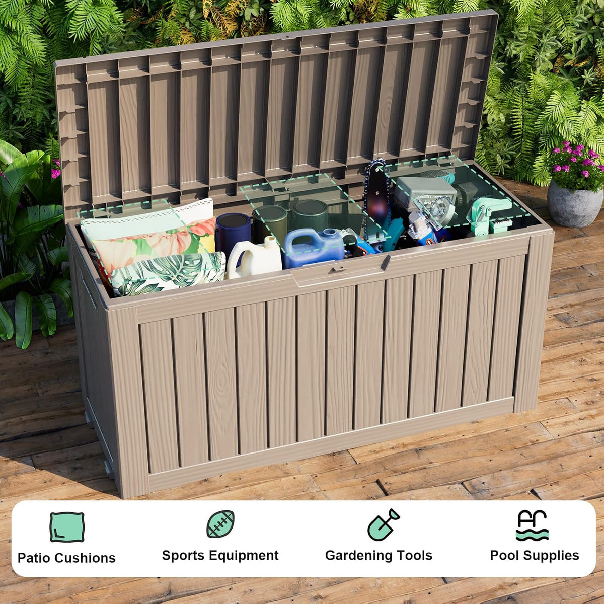 rojik 90 gallon deck box outdoor, waterproof outdoor shown in use