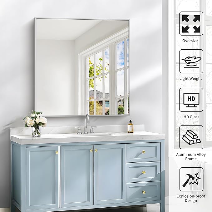 Silver Bathroom Mirror for Wall, 30x30 Inch Rectangle Mirrors