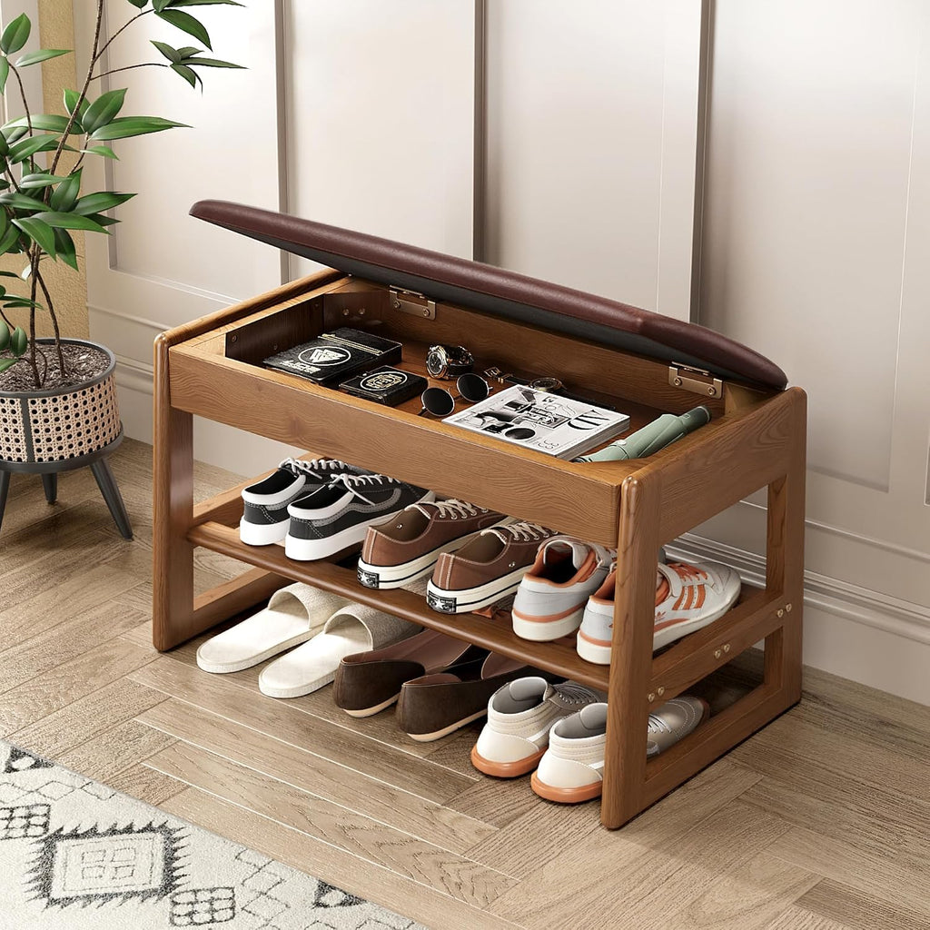 Shoe Rack Bench with Hidden Storage, 2‑Tier Solid Rubberwood Entryway Bench