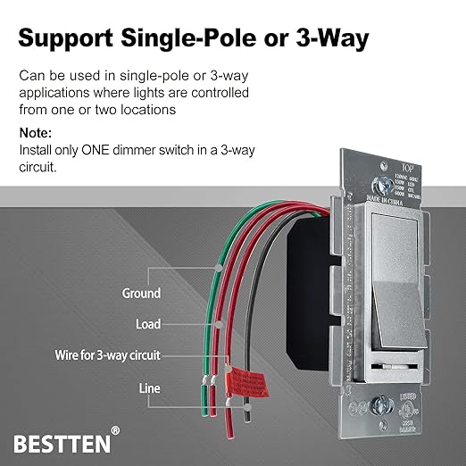 BESTTEN 5 Pack Matte Silver Dimmer Light Switch, Single Pole or 3-Way,