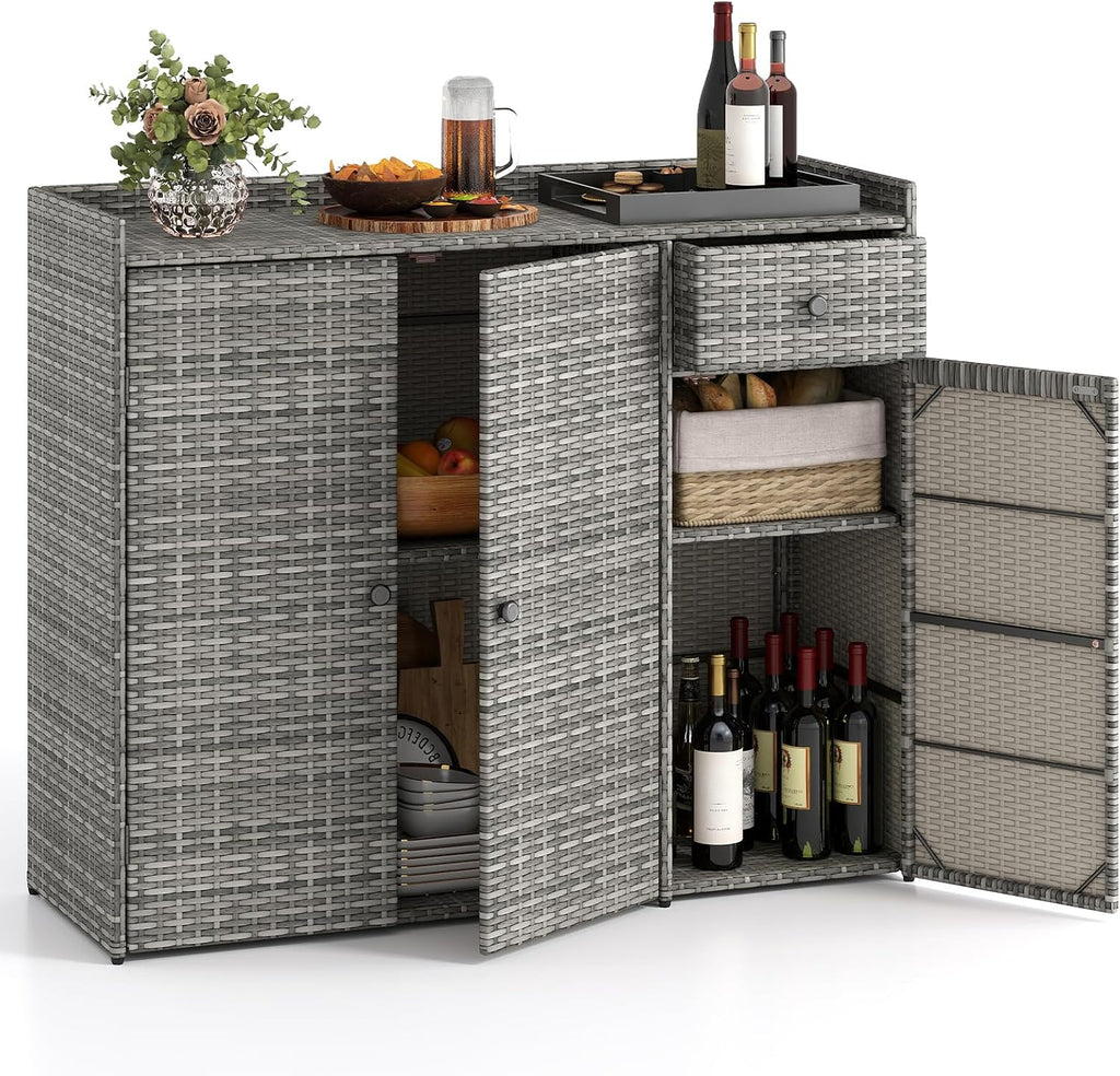 Tangkula Rattan Outdoor Storage Cabinet with 2 Adjustable Shelves