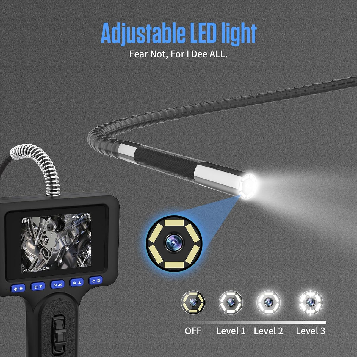 two-way articulating borescope 4" hd with light 4ft, package contents