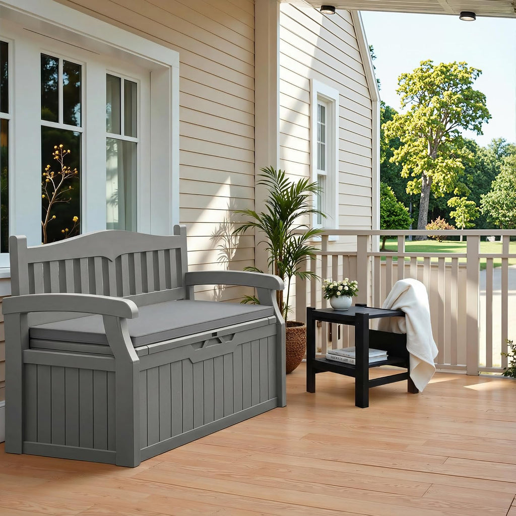 flamaker 80 gallon storage bench with cushion, waterproof shown in use