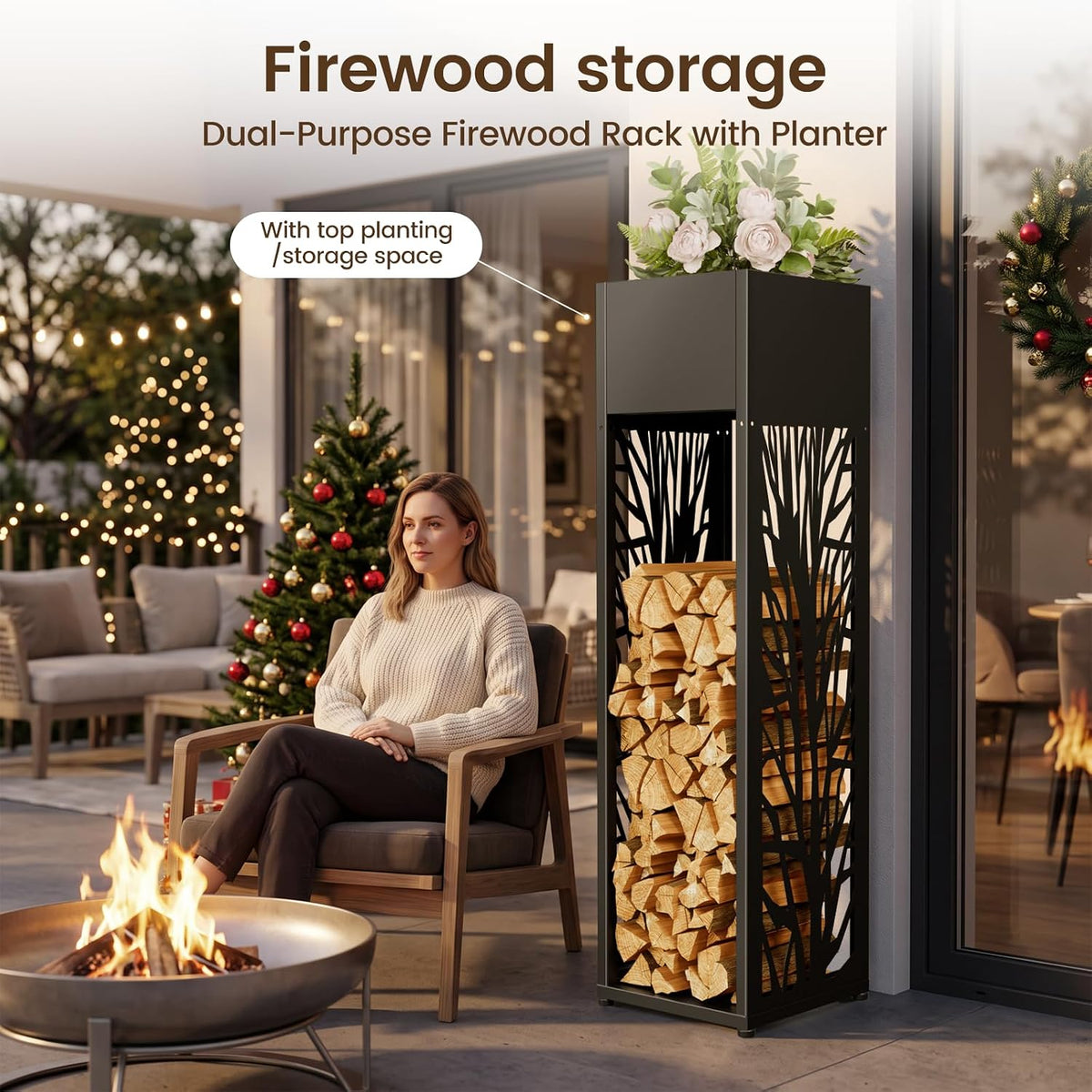 4ft firewood rack outdoor, fire wood log storage shown in use