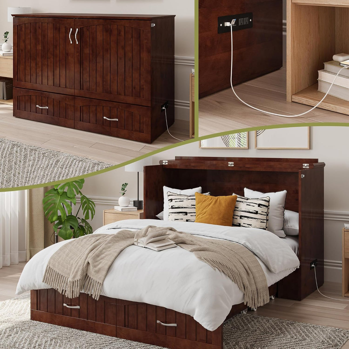 AFI, Southampton Murphy Bed Chest Full with 6" Mattress & Drawer, Walnut