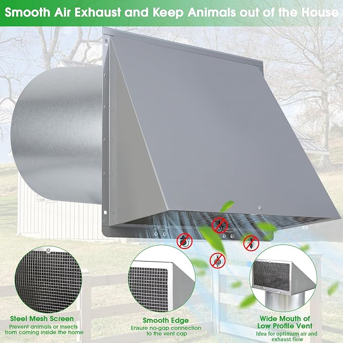 8 inch Hooded Wall Vent with Screen and Damper, Wall Vent Cover Exhaust Vent