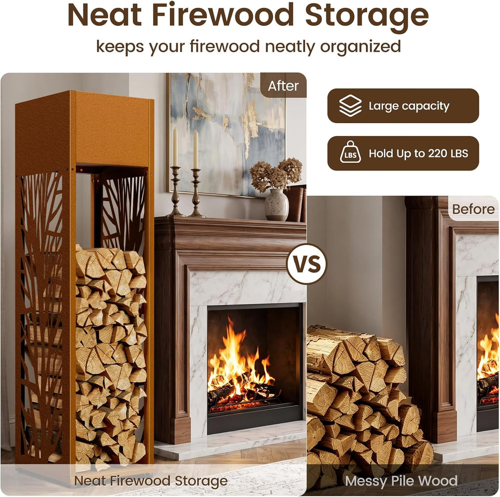 4ft firewood rack outdoor, fire wood log storage, side view