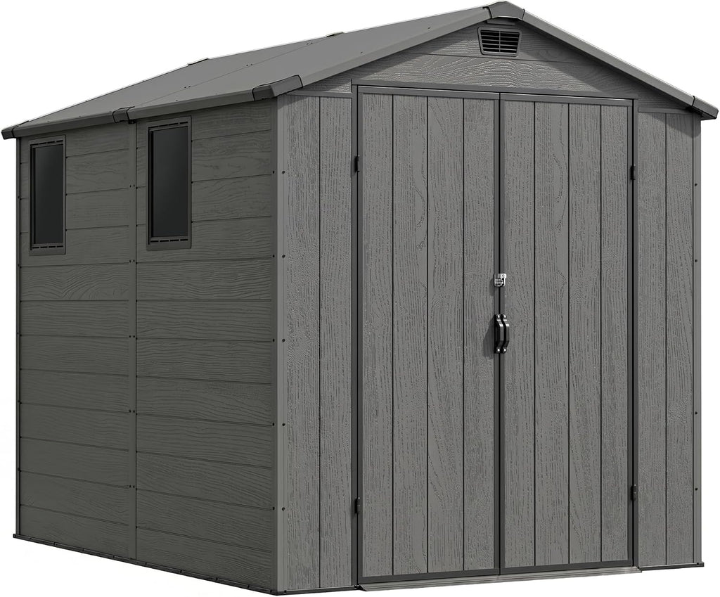 devoko 6x8 ft resin outdoor storage shed with on a desk or shelf