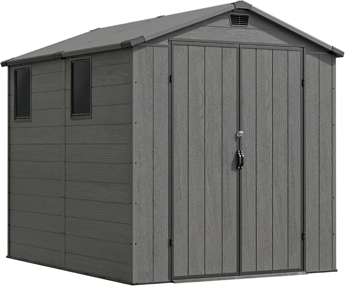 devoko 6x8 ft resin outdoor storage shed with on a desk or shelf