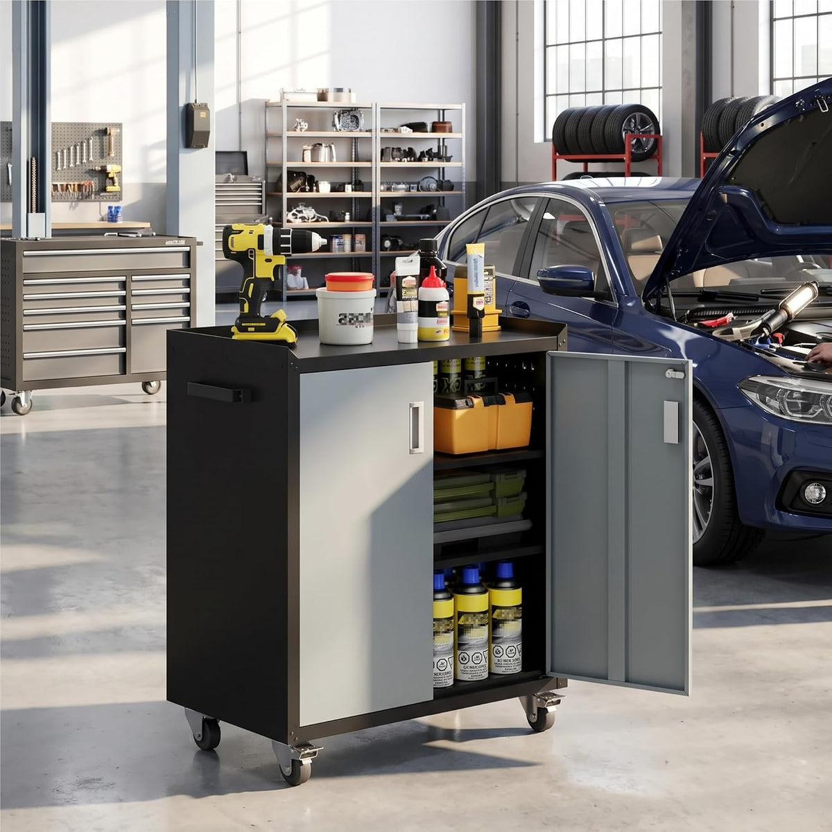 lcaopc metal storage cabinet with wheels - lockable, close-up detail