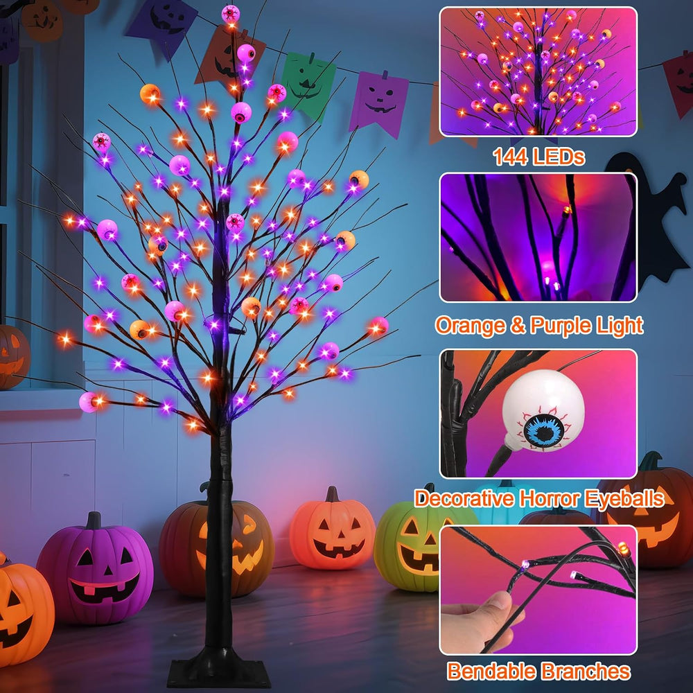 6FT Halloween Decorations Spooky Tree Lights, Large Black Trees with 144 Oran...