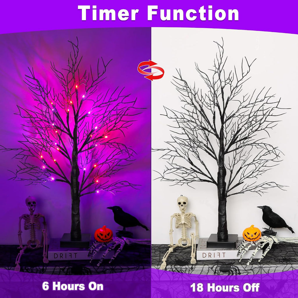 Halloween Decorations Indoor 2 Pack 24 Inch Black Halloween Tree with 48 Orange & Purple Lights, USB or Battery Operated Halloween Table Decorations Lighted Tabletop Spooky Tree Home Decor Office