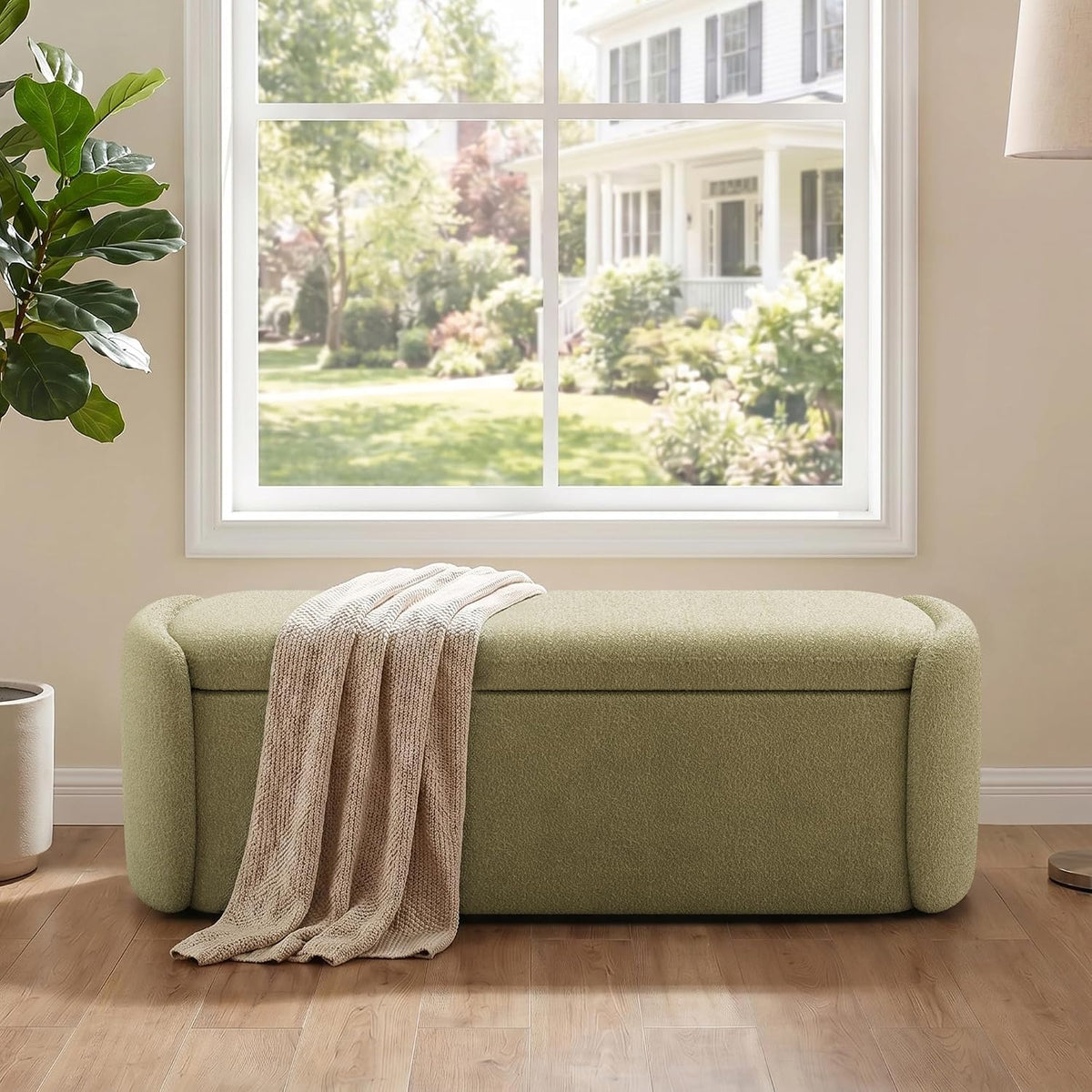vknow storage bench, upholstered storage ottoman bench, light, front angle view