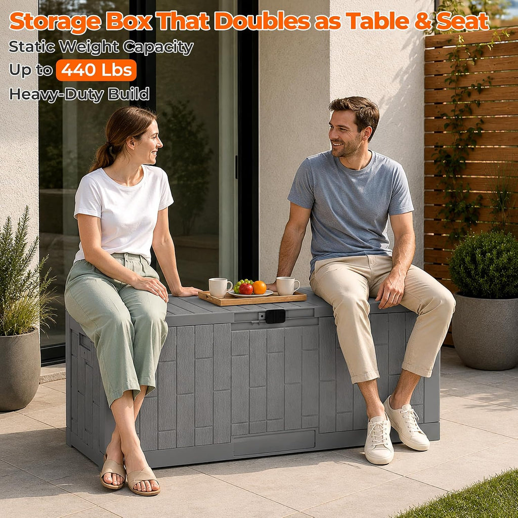 outdoor storage box, 120 gallon waterproof resin patio on a desk or shelf