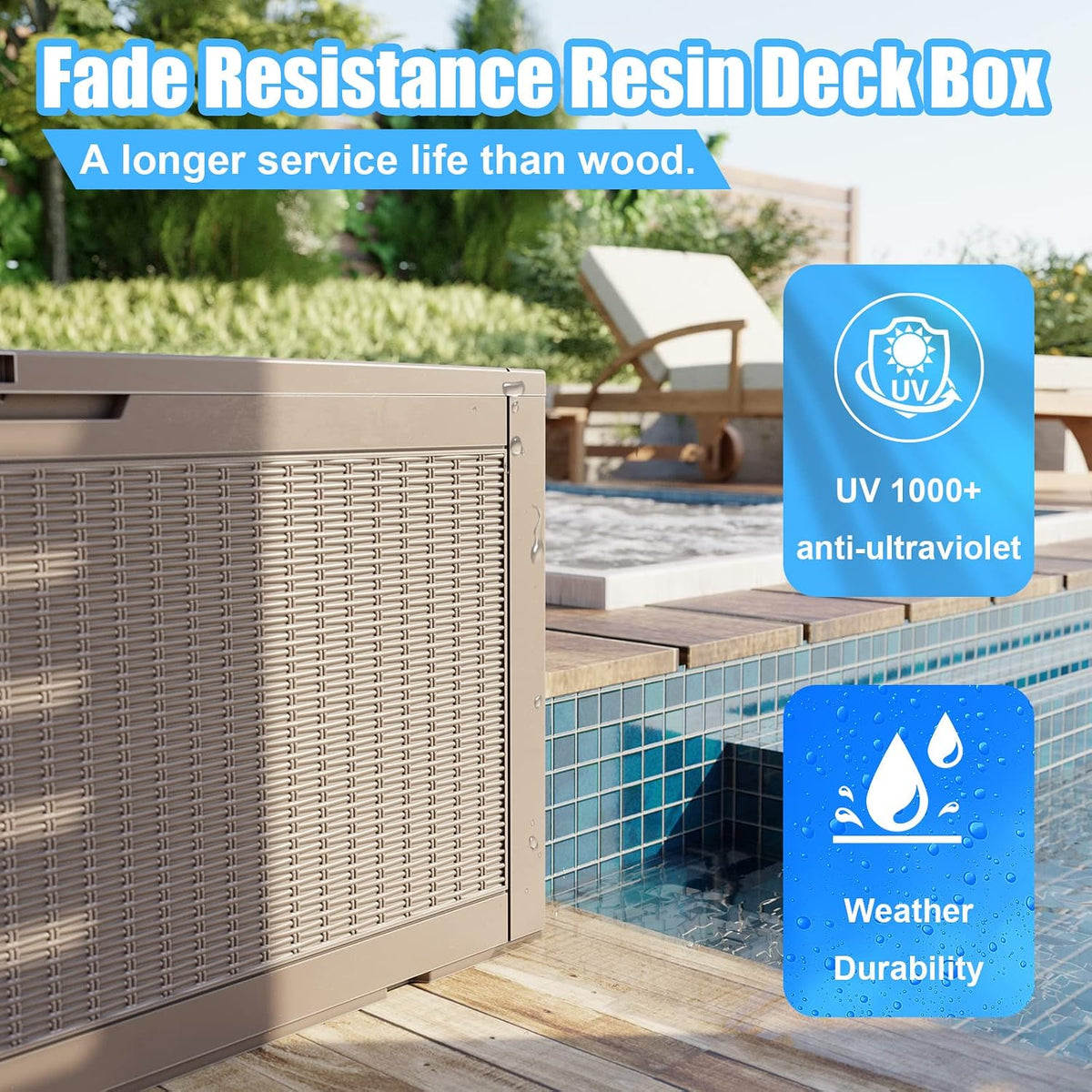 120 gallon waterproof large resin deck box, lockable, close-up detail