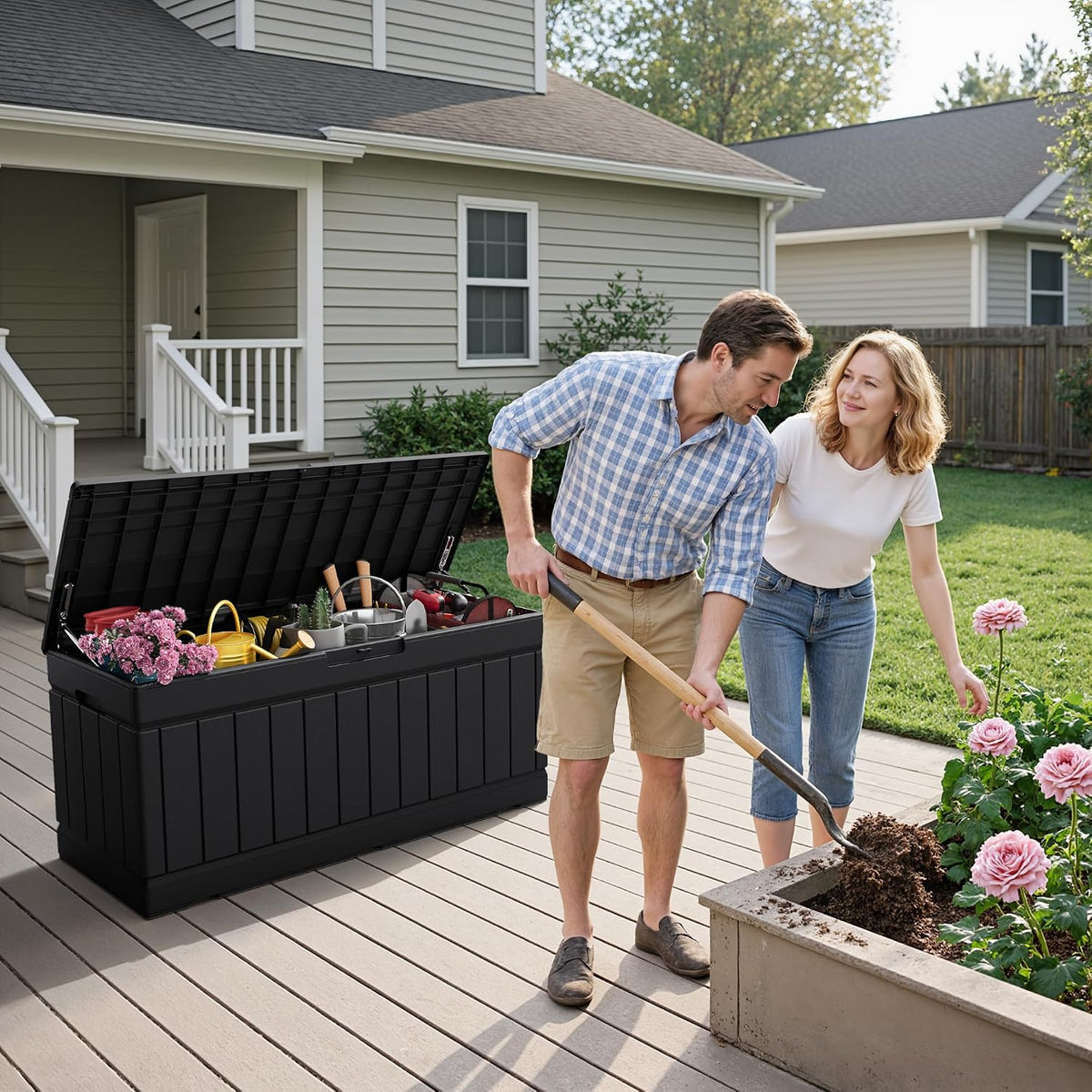 flamaker outdoor storage box 80 gallon resin waterproof shown in use